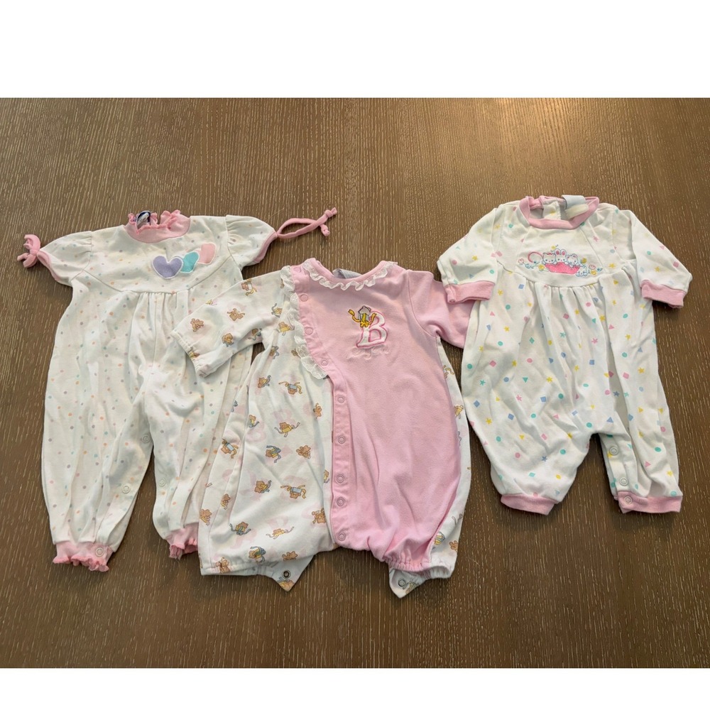 Vintage Baby Girls 6-9 Months Romper Sleeper Lot Pink Pastel Teddy Bear Ruffle